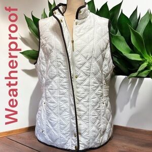 Weatherproof-1X women’s lightweight vest zip/snap. White w/ brown trim. EUC!